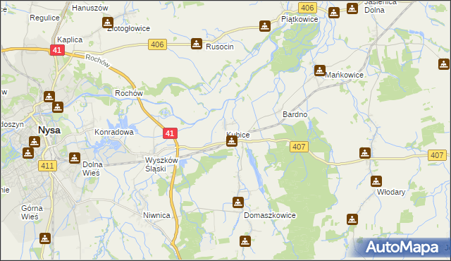 mapa Kubice gmina Nysa, Kubice gmina Nysa na mapie Targeo