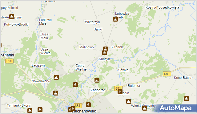 mapa Kuczyn gmina Klukowo, Kuczyn gmina Klukowo na mapie Targeo
