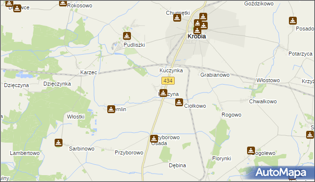 mapa Kuczyna gmina Krobia, Kuczyna gmina Krobia na mapie Targeo