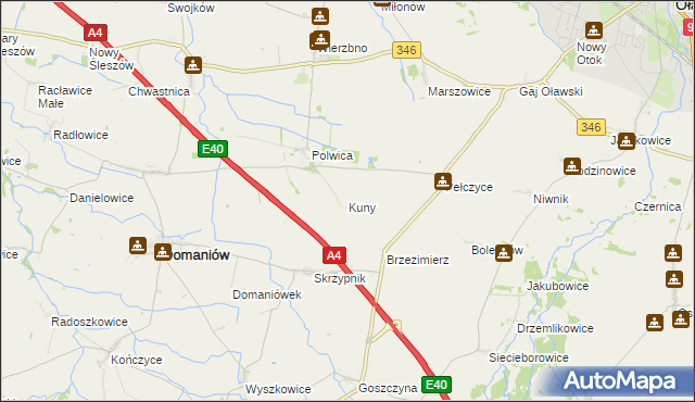 mapa Kuny gmina Domaniów, Kuny gmina Domaniów na mapie Targeo