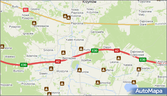 mapa Kuny gmina Władysławów, Kuny gmina Władysławów na mapie Targeo