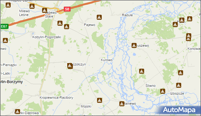 mapa Kurowo gmina Kobylin-Borzymy, Kurowo gmina Kobylin-Borzymy na mapie Targeo