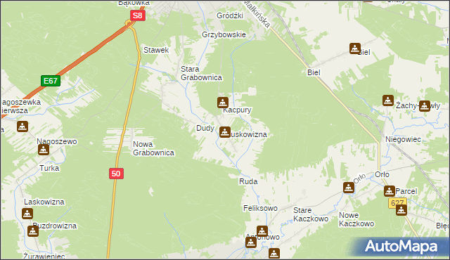 mapa Kuskowizna gmina Ostrów Mazowiecka, Kuskowizna gmina Ostrów Mazowiecka na mapie Targeo