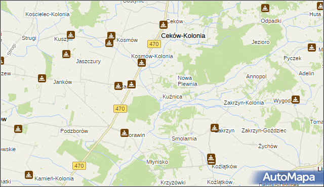 mapa Kuźnica gmina Ceków-Kolonia, Kuźnica gmina Ceków-Kolonia na mapie Targeo