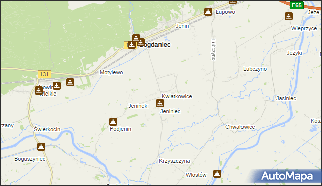 mapa Kwiatkowice gmina Bogdaniec, Kwiatkowice gmina Bogdaniec na mapie Targeo