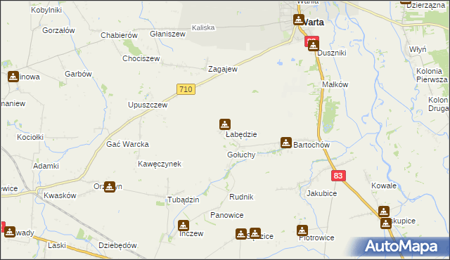 mapa Łabędzie gmina Warta, Łabędzie gmina Warta na mapie Targeo