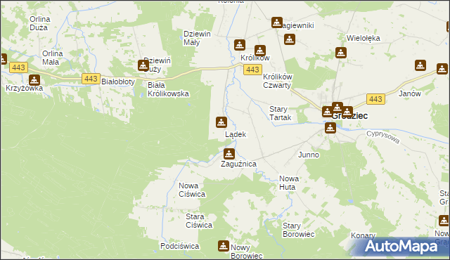 mapa Lądek gmina Grodziec, Lądek gmina Grodziec na mapie Targeo