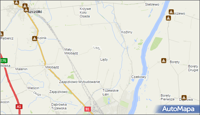 mapa Lądy gmina Tczew, Lądy gmina Tczew na mapie Targeo
