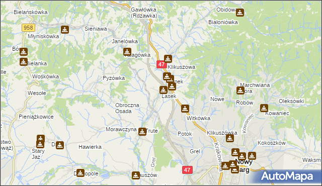 mapa Lasek gmina Nowy Targ, Lasek gmina Nowy Targ na mapie Targeo