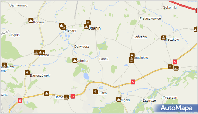 mapa Lasek gmina Udanin, Lasek gmina Udanin na mapie Targeo