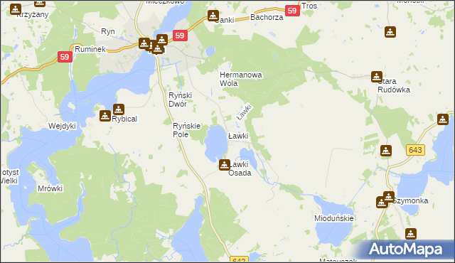 mapa Ławki gmina Ryn, Ławki gmina Ryn na mapie Targeo