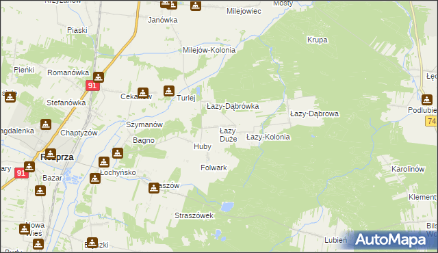 mapa Łazy Duże gmina Rozprza, Łazy Duże gmina Rozprza na mapie Targeo