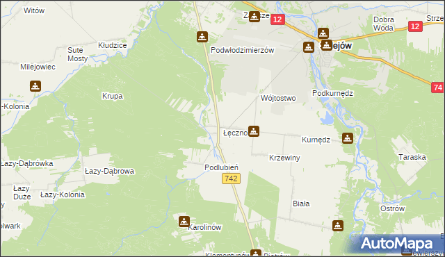 mapa Łęczno gmina Sulejów, Łęczno gmina Sulejów na mapie Targeo