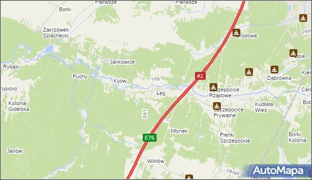 mapa Łęg gmina Kruszyna, Łęg gmina Kruszyna na mapie Targeo