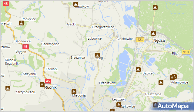 mapa Łęg gmina Nędza, Łęg gmina Nędza na mapie Targeo