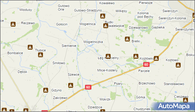 mapa Łęg Kościelny, Łęg Kościelny na mapie Targeo