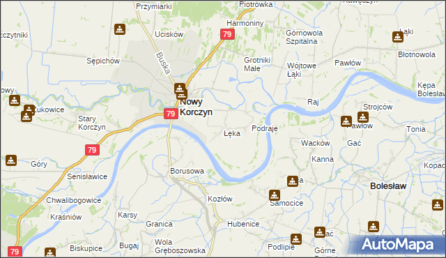 mapa Łęka gmina Nowy Korczyn, Łęka gmina Nowy Korczyn na mapie Targeo