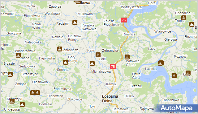 mapa Łęki gmina Łososina Dolna, Łęki gmina Łososina Dolna na mapie Targeo