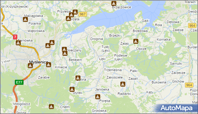 mapa Łęki gmina Myślenice, Łęki gmina Myślenice na mapie Targeo