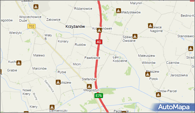 mapa Łęki Górne gmina Krzyżanów, Łęki Górne gmina Krzyżanów na mapie Targeo