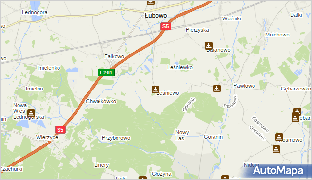 mapa Leśniewo gmina Łubowo, Leśniewo gmina Łubowo na mapie Targeo