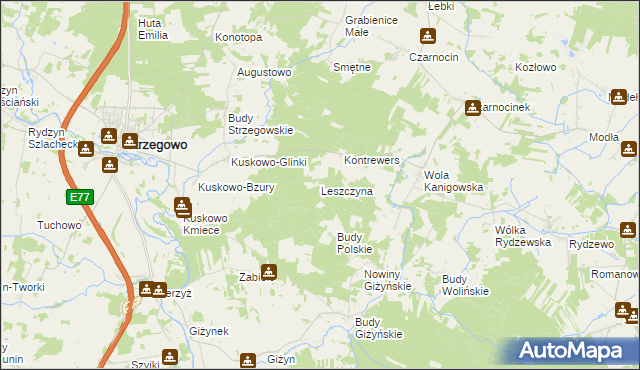 mapa Leszczyna gmina Strzegowo, Leszczyna gmina Strzegowo na mapie Targeo