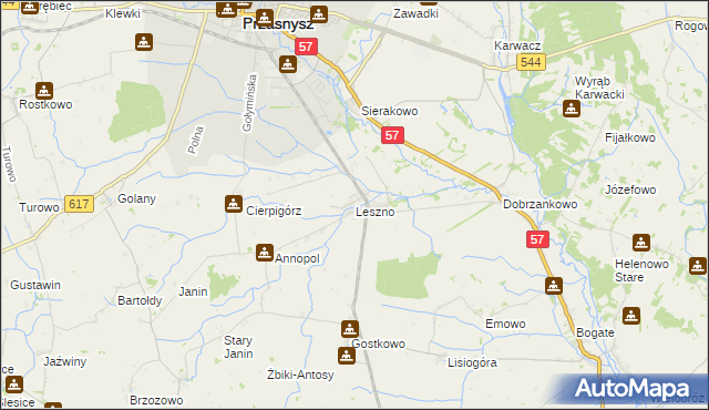 mapa Leszno gmina Przasnysz, Leszno gmina Przasnysz na mapie Targeo