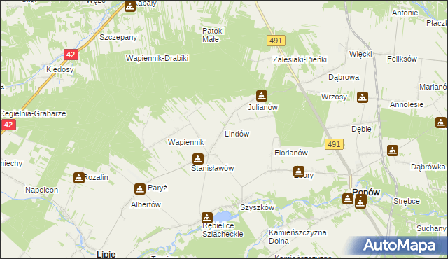 mapa Lindów gmina Lipie, Lindów gmina Lipie na mapie Targeo