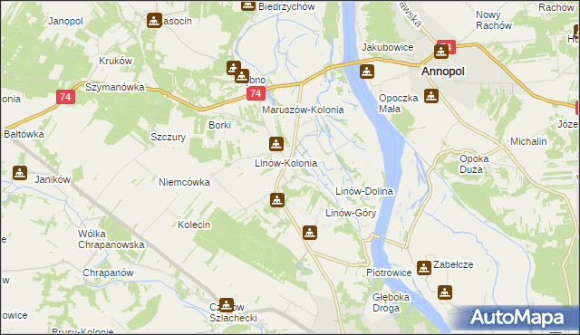 mapa Linów gmina Zawichost, Linów gmina Zawichost na mapie Targeo