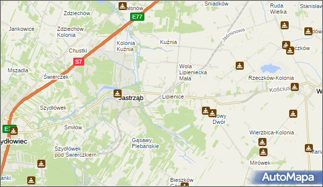 mapa Lipienice gmina Jastrząb, Lipienice gmina Jastrząb na mapie Targeo