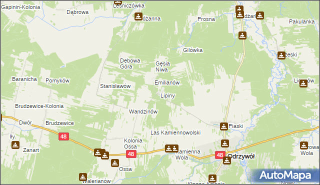 mapa Lipiny gmina Odrzywół, Lipiny gmina Odrzywół na mapie Targeo