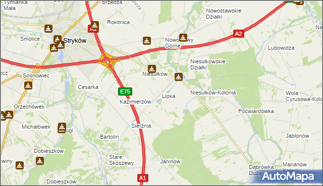 mapa Lipka gmina Stryków, Lipka gmina Stryków na mapie Targeo