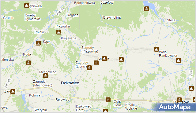 mapa Lipnica gmina Dzikowiec, Lipnica gmina Dzikowiec na mapie Targeo