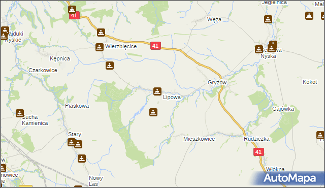mapa Lipowa gmina Nysa, Lipowa gmina Nysa na mapie Targeo