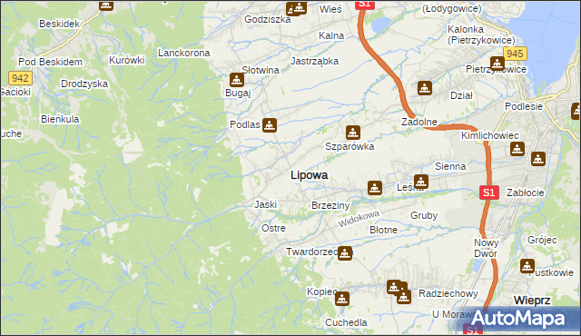 mapa Lipowa powiat żywiecki, Lipowa powiat żywiecki na mapie Targeo