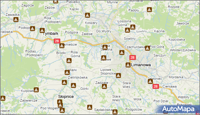 mapa Lipowe gmina Limanowa, Lipowe gmina Limanowa na mapie Targeo