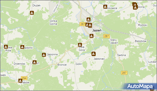 mapa Lisia Góra gmina Jasień, Lisia Góra gmina Jasień na mapie Targeo