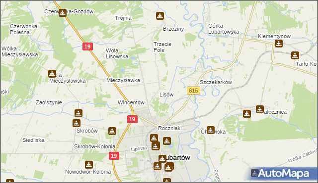 mapa Lisów gmina Lubartów, Lisów gmina Lubartów na mapie Targeo