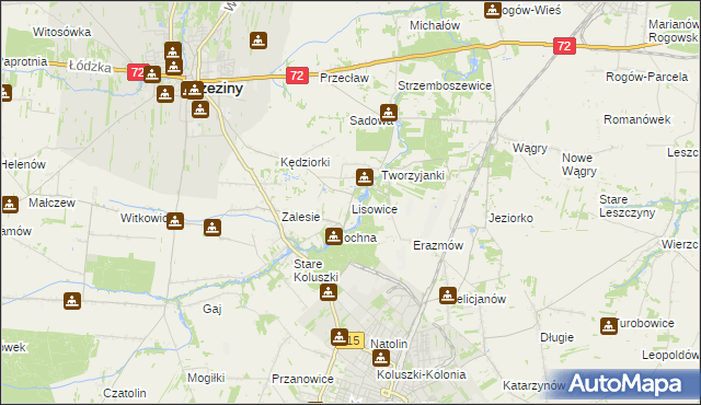 mapa Lisowice gmina Koluszki, Lisowice gmina Koluszki na mapie Targeo