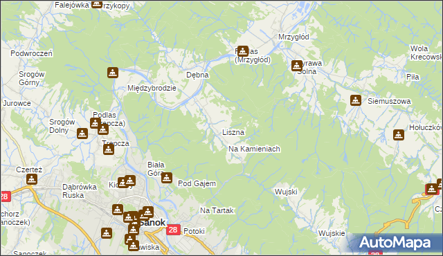 mapa Liszna gmina Sanok, Liszna gmina Sanok na mapie Targeo