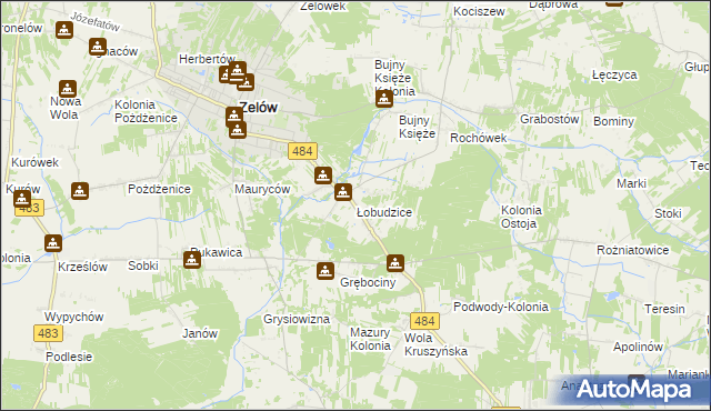 mapa Łobudzice gmina Zelów, Łobudzice gmina Zelów na mapie Targeo