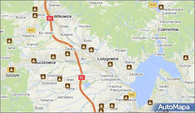 mapa Łodygowice powiat żywiecki, Łodygowice powiat żywiecki na mapie Targeo