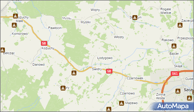 mapa Łodygowo gmina Biała Piska, Łodygowo gmina Biała Piska na mapie Targeo