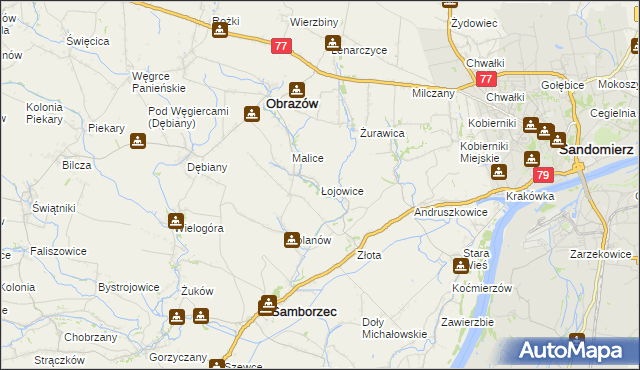 mapa Łojowice gmina Samborzec, Łojowice gmina Samborzec na mapie Targeo