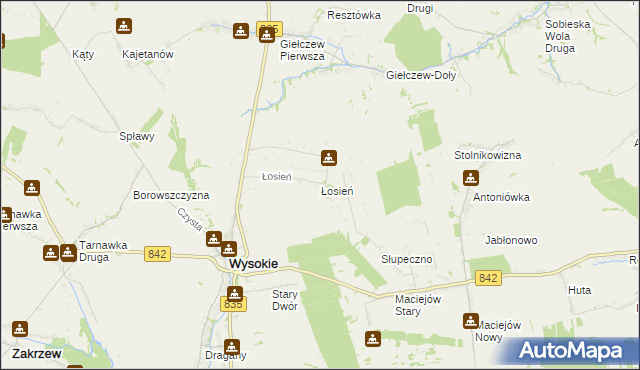 mapa Łosień gmina Wysokie, Łosień gmina Wysokie na mapie Targeo