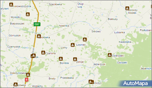 mapa Łosiniec gmina Korycin, Łosiniec gmina Korycin na mapie Targeo