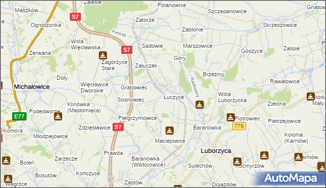 mapa Łuczyce gmina Kocmyrzów-Luborzyca, Łuczyce gmina Kocmyrzów-Luborzyca na mapie Targeo