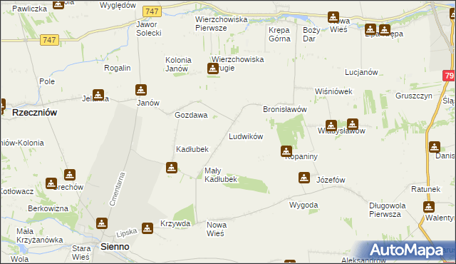 mapa Ludwików gmina Sienno, Ludwików gmina Sienno na mapie Targeo