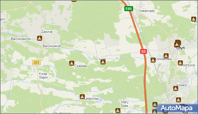 mapa Ługi gmina Otyń, Ługi gmina Otyń na mapie Targeo