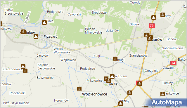 mapa Ługi gmina Wojciechowice, Ługi gmina Wojciechowice na mapie Targeo